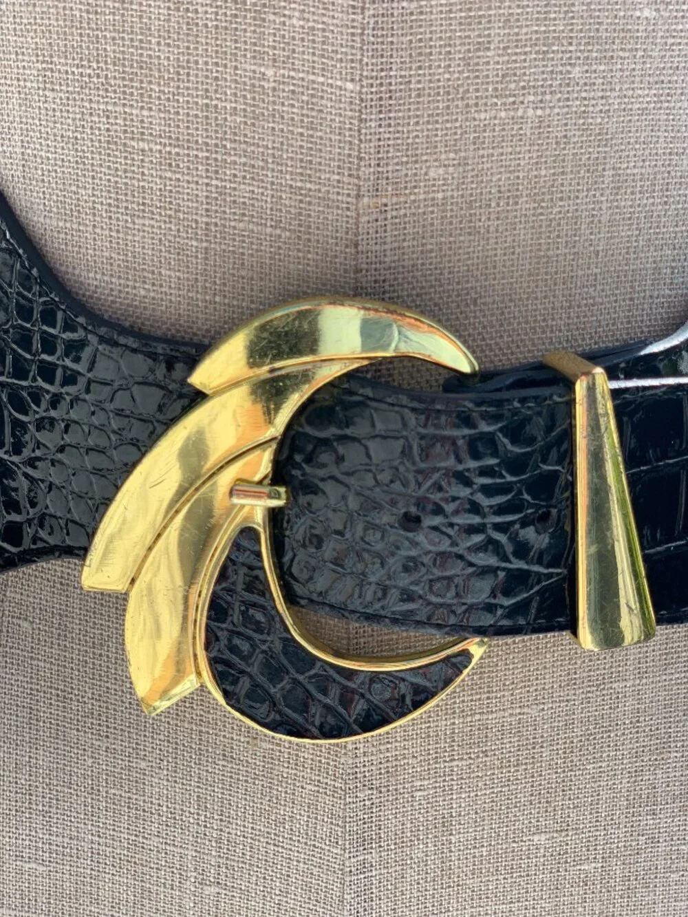 Vtg Wide Statement Belt Black Elastic Croc Embossed Faux Leather Gold Buckle Y2K